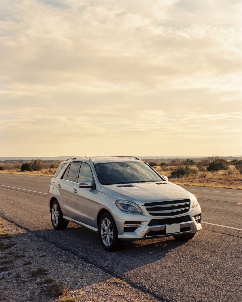 A crossover SUV parked on an open road outside San Antonio at sunset