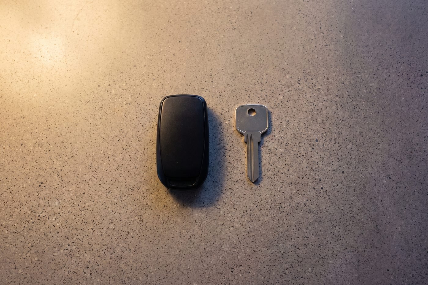 A vehicle key and fob on a concrete surface
