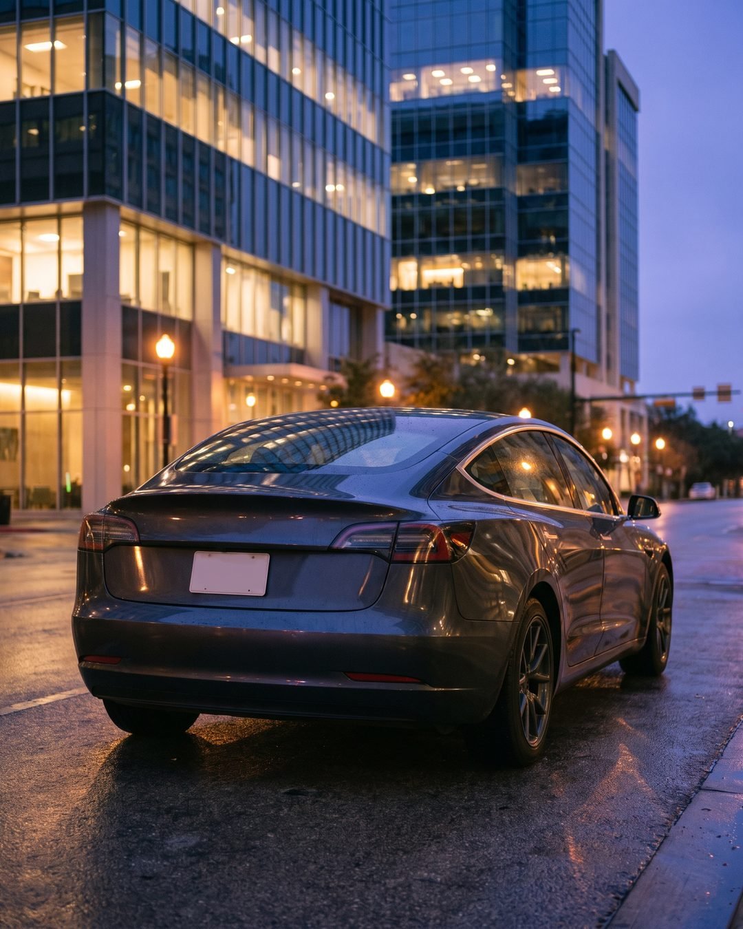 A dark sedan on a downtown San Antonio street at blue hour